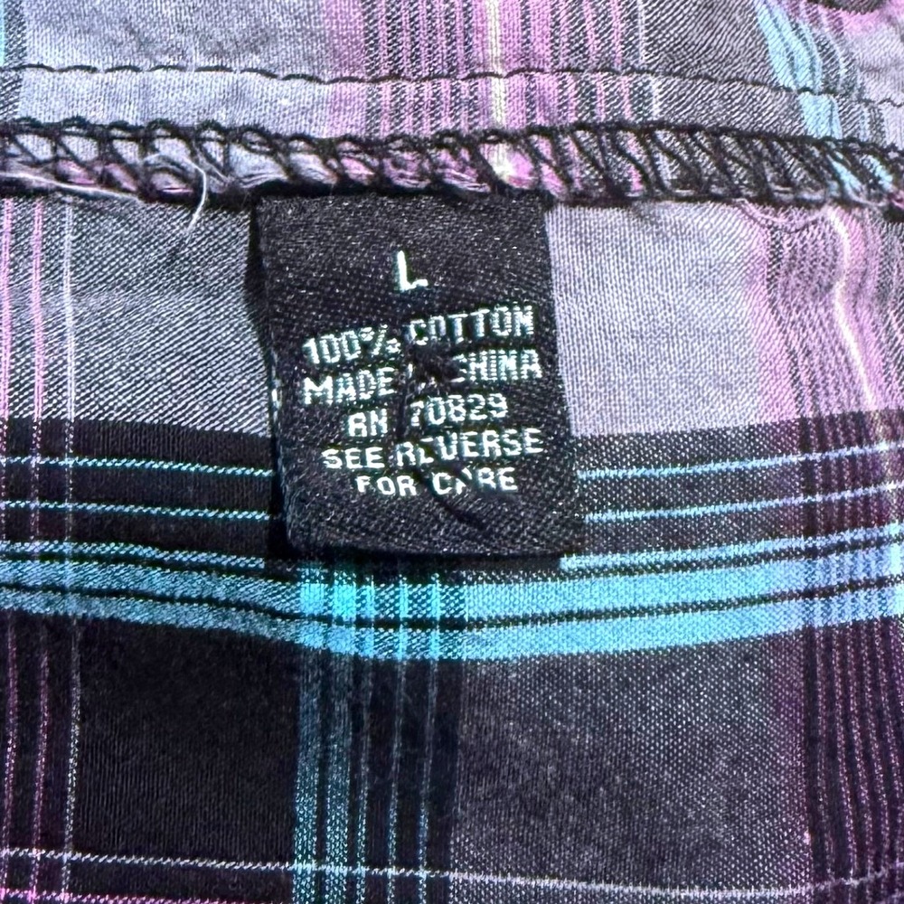 Carbon Plaid Button Up Shirt Womens Large Purple Gray Blue Cotton Grunge Y2K - Picture 4 of 5